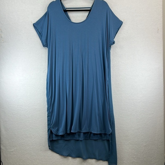 H by Halston Midi Dress Sz M Blue Rayon Stylish Back Detail and Drape Overlay - Picture 1 of 9
